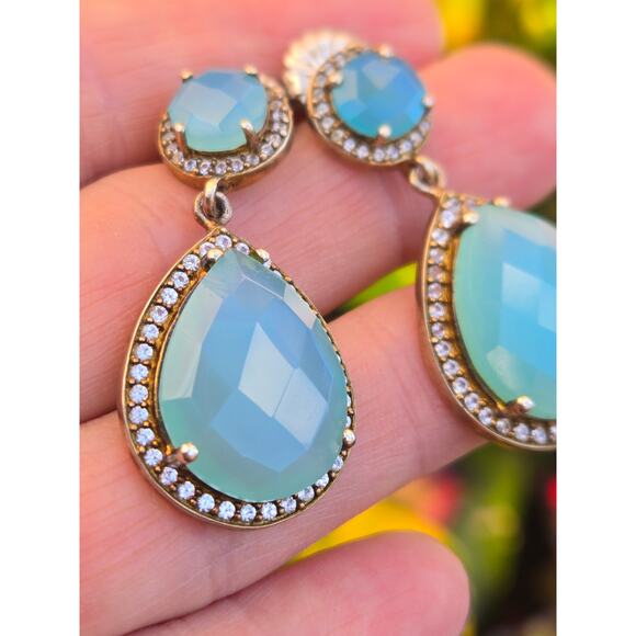 Vintage Pear Blue Chalcedony Fancy Cut, CZ in Sterling, Gold Plated Earrings - Picture 6 of 10
